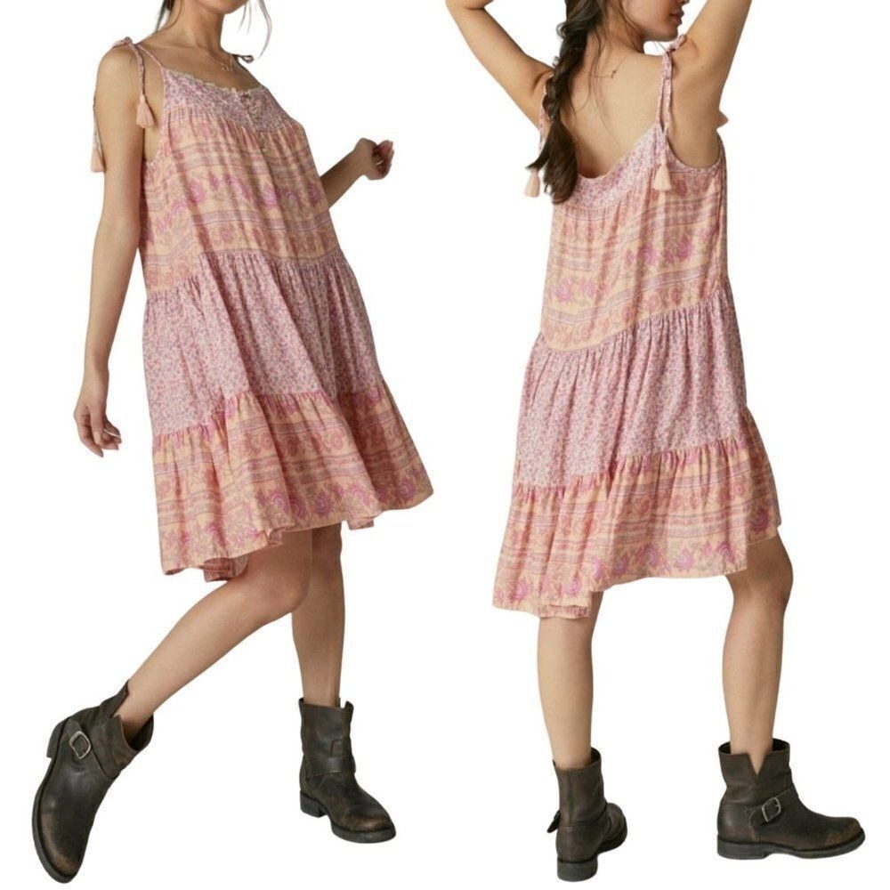 Lucky Brand Festival Boho Oversized Tiered Ruffle Baby Doll Dress Sz L‎ Pink - Picture 3 of 12